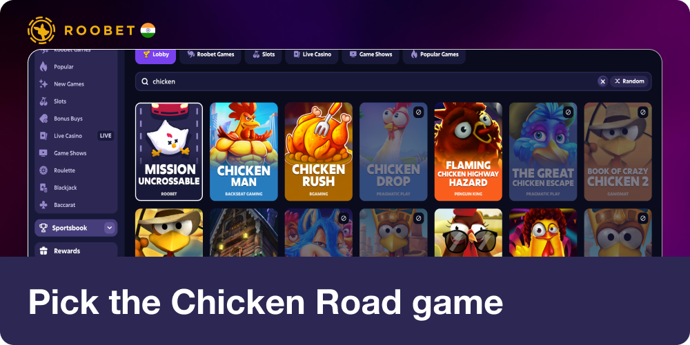 Find and pick the Chicken Road game in Roobet