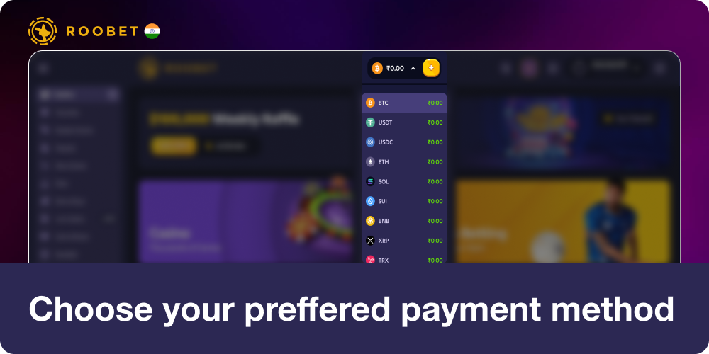 Chooes your preferred payment method in Roobet