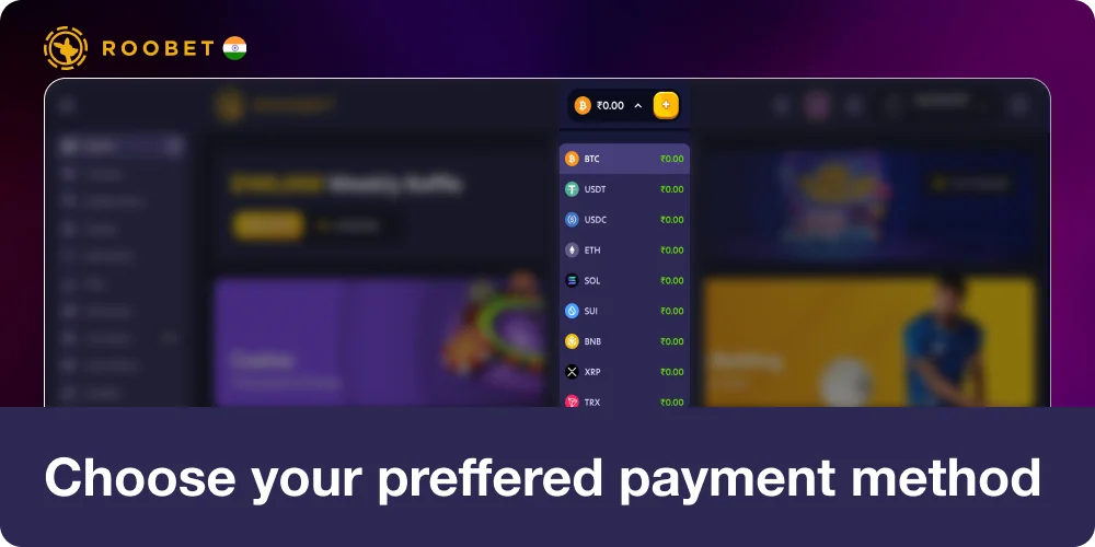 Chooes your preferred payment method in Roobet