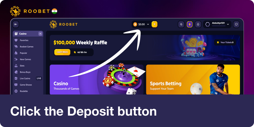 Click the deposit button in Roobet website