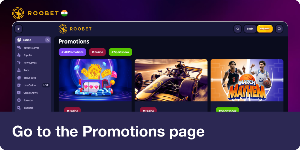 Go to the Promotions page in Roobet India
