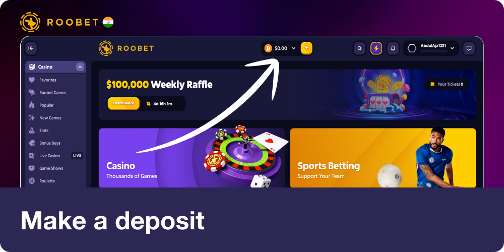 Make a deposit in your account Roobet