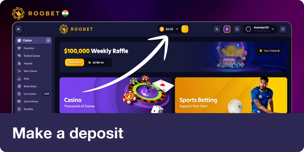 Make a deposit in your account Roobet