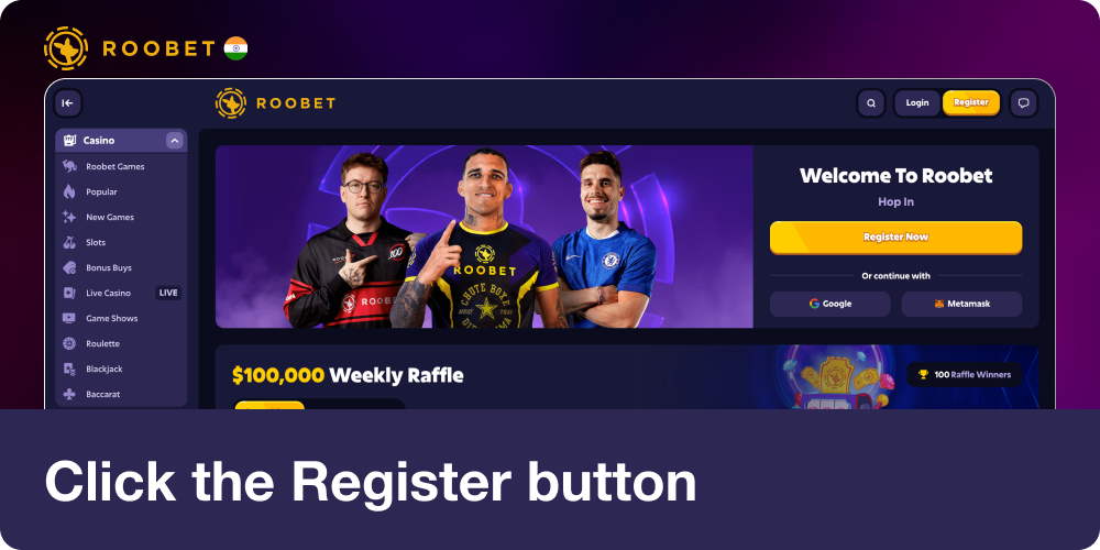 Click the Register Button in Roobet India site